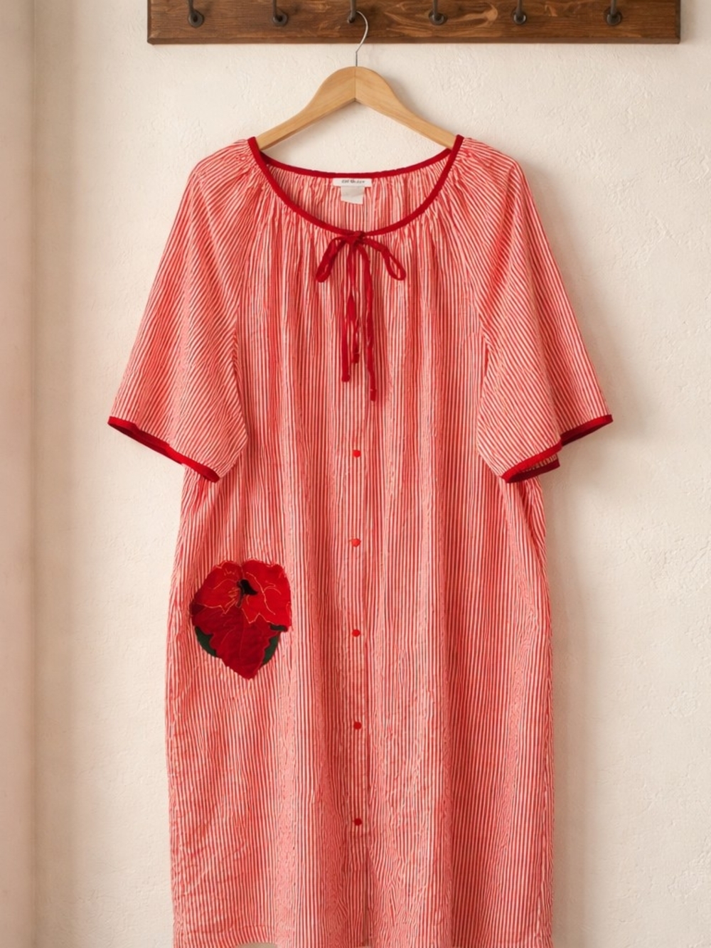 Classic Red and White Striped Midi Dress with Floral Patch